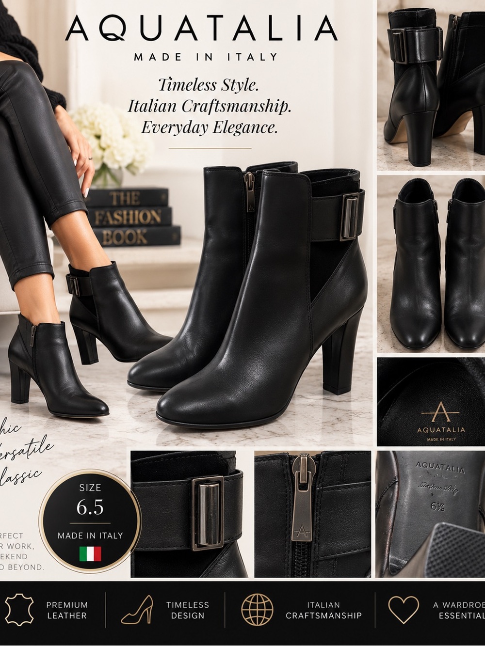 Aquatalia Black Leather Heeled Ankle Boots Booties Made in Italy Size 6.5